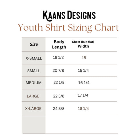 Sizing Chart for youth sizes, xsmall, small, medium, large, xlarge